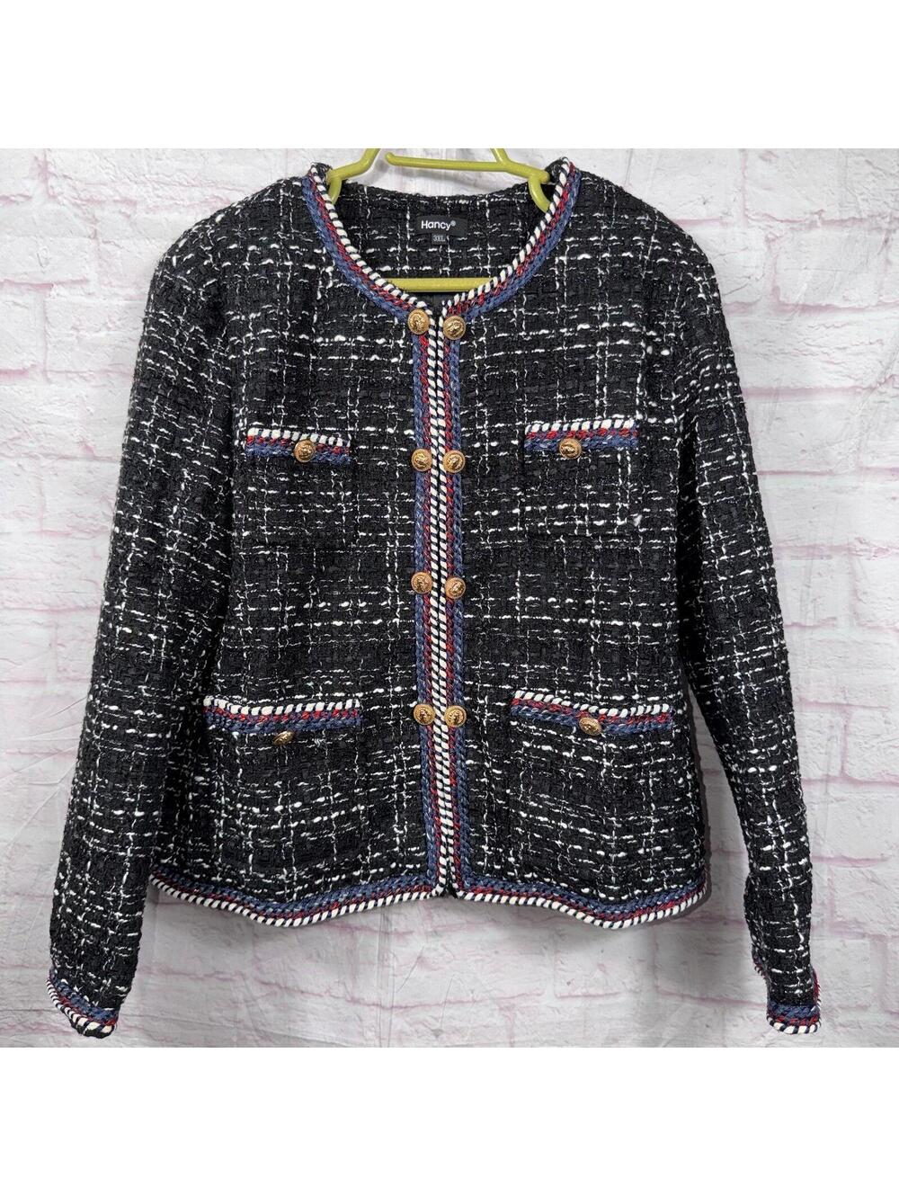 Hancy Women’s Tweed Jacket Blazer 3XL Black White Gold Button Trim